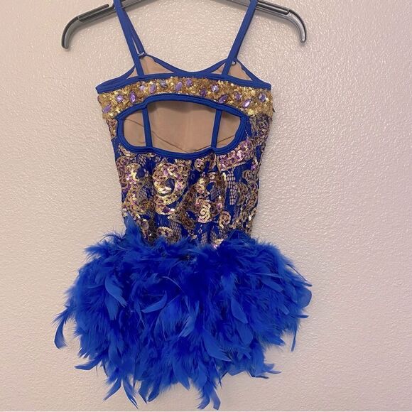 Glamour dance costume solo gold sequin blue feather sassy salsa jazz LC child - Picture 5 of 11